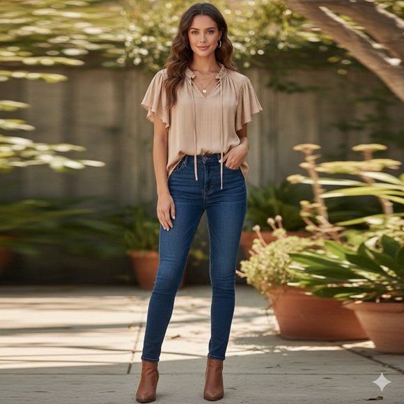 Maison D’ Amelie Paris Tan Blouse with Tie Neck - Picture 1 of 4